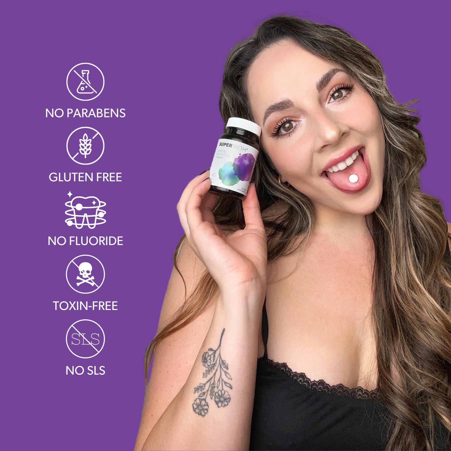 Product label showing vegan, fluoride-free and sugar-free formulation