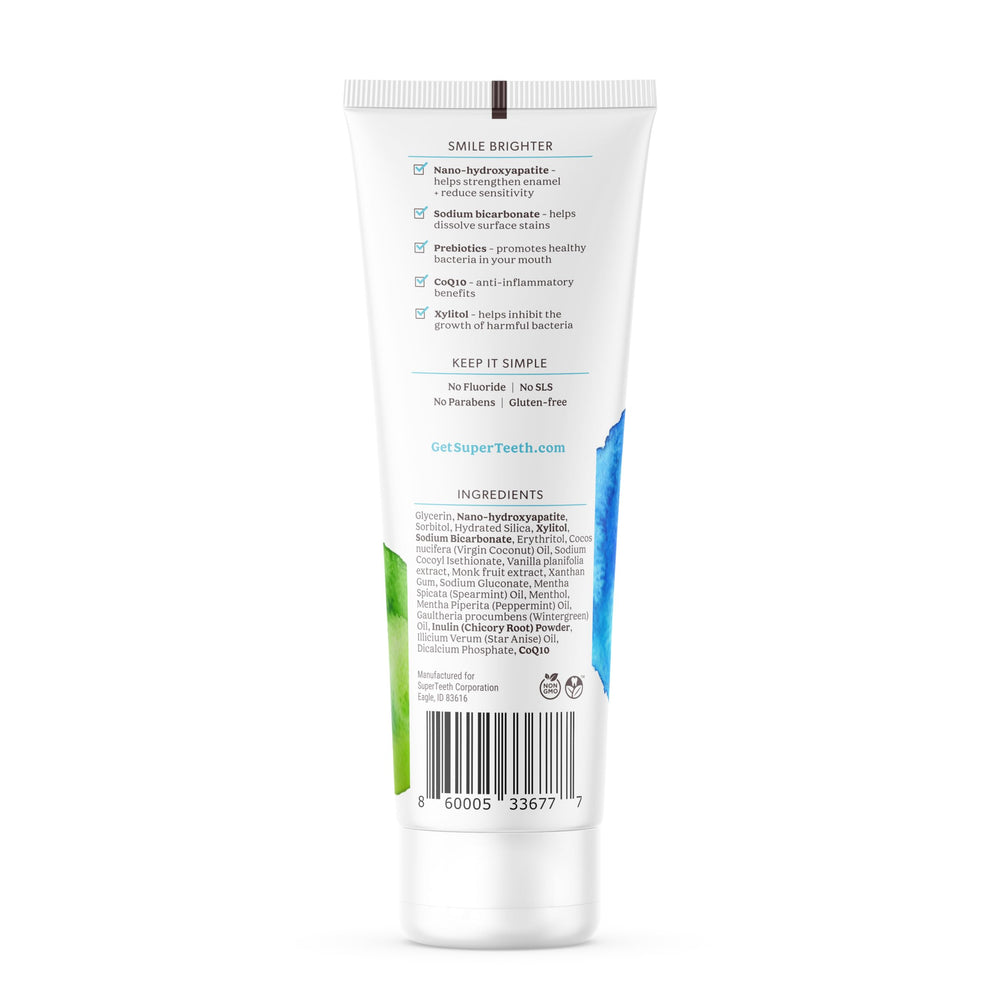 Tube of SuperTeeth Nano Hydroxyapatite toothpaste close-up