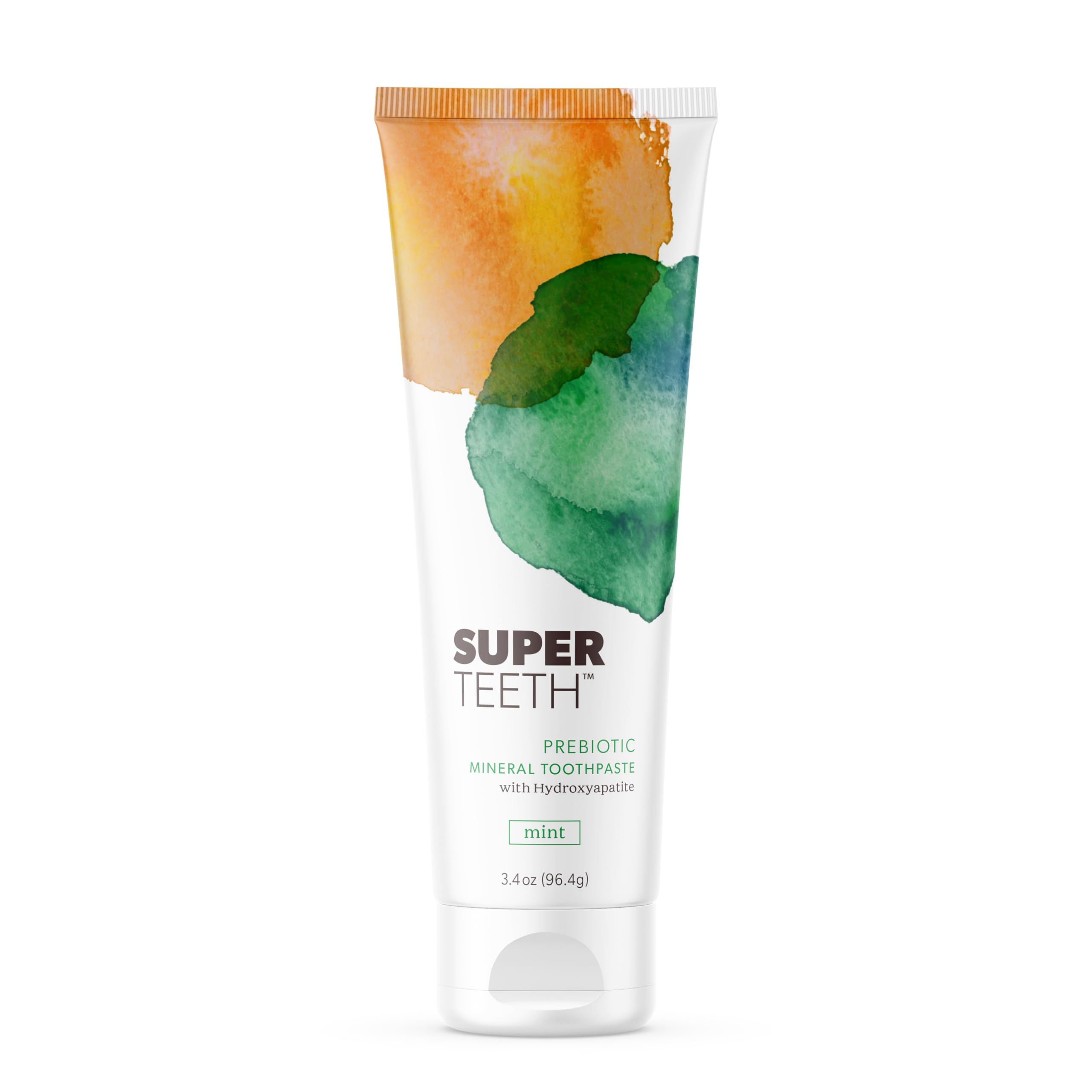 Front view of SuperTeeth Prebiotic Mineral Toothpaste tube with mint
