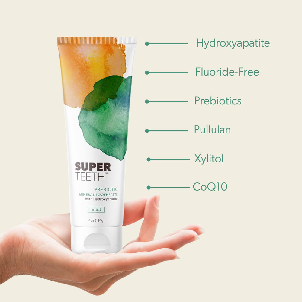USA-made mint-flavored SuperTeeth toothpaste packaging