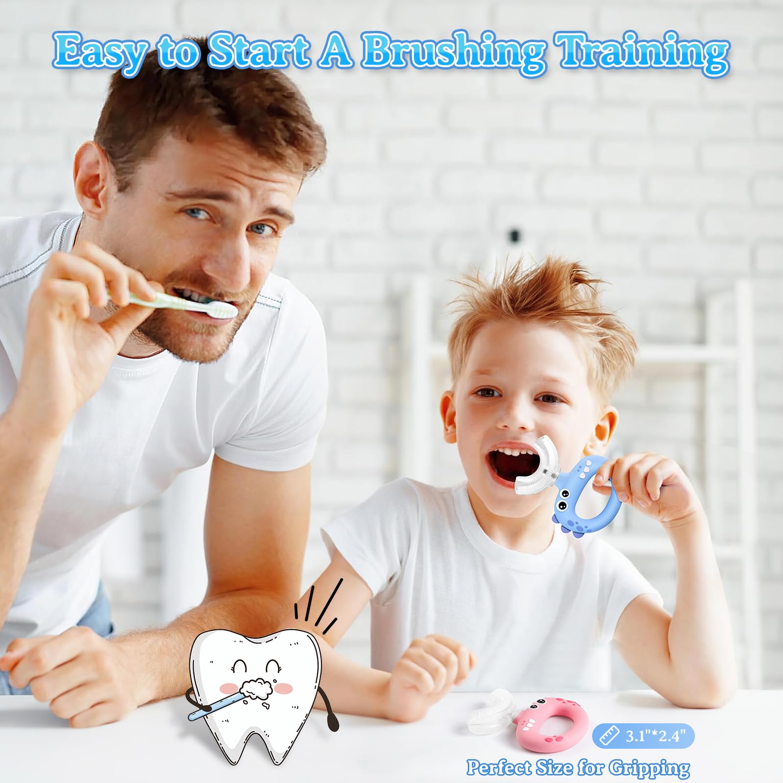 Soft silicone bristles and handle of toddler toothbrush for gentle cleaning