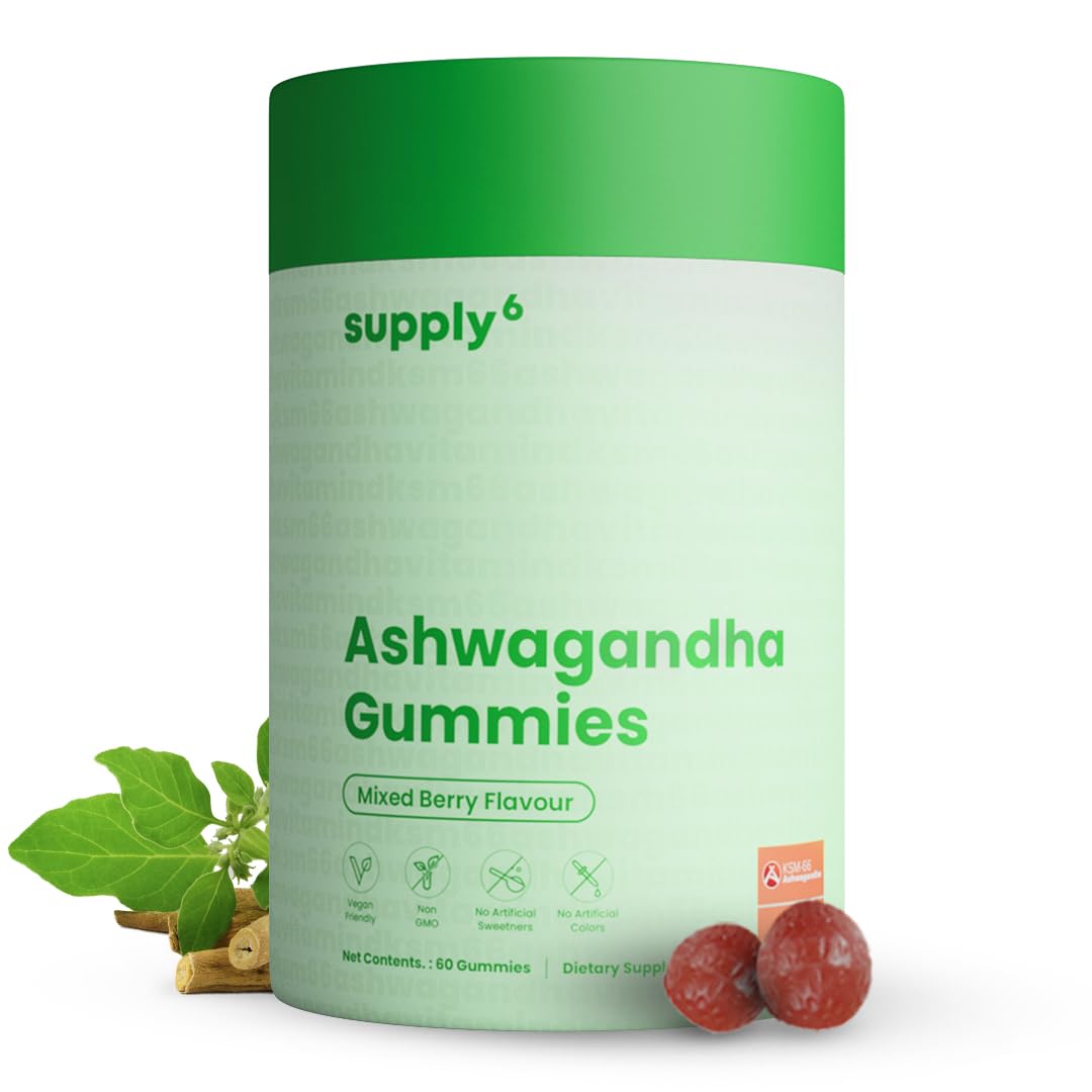 Front view of SUPPLY6 KSM-66 Ashwagandha & Vitamin D Gummies bottle, Mixed Berry flavor, 60 count