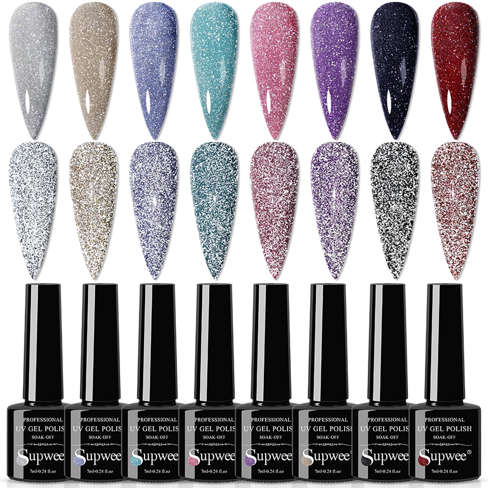 SUPWEE Reflective Gel Polish Set showing eight colors with diamond glitter under light for vibrant nails
