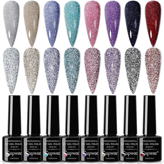 SUPWEE Reflective Gel Polish Set showing eight colors with diamond glitter under light for vibrant nails