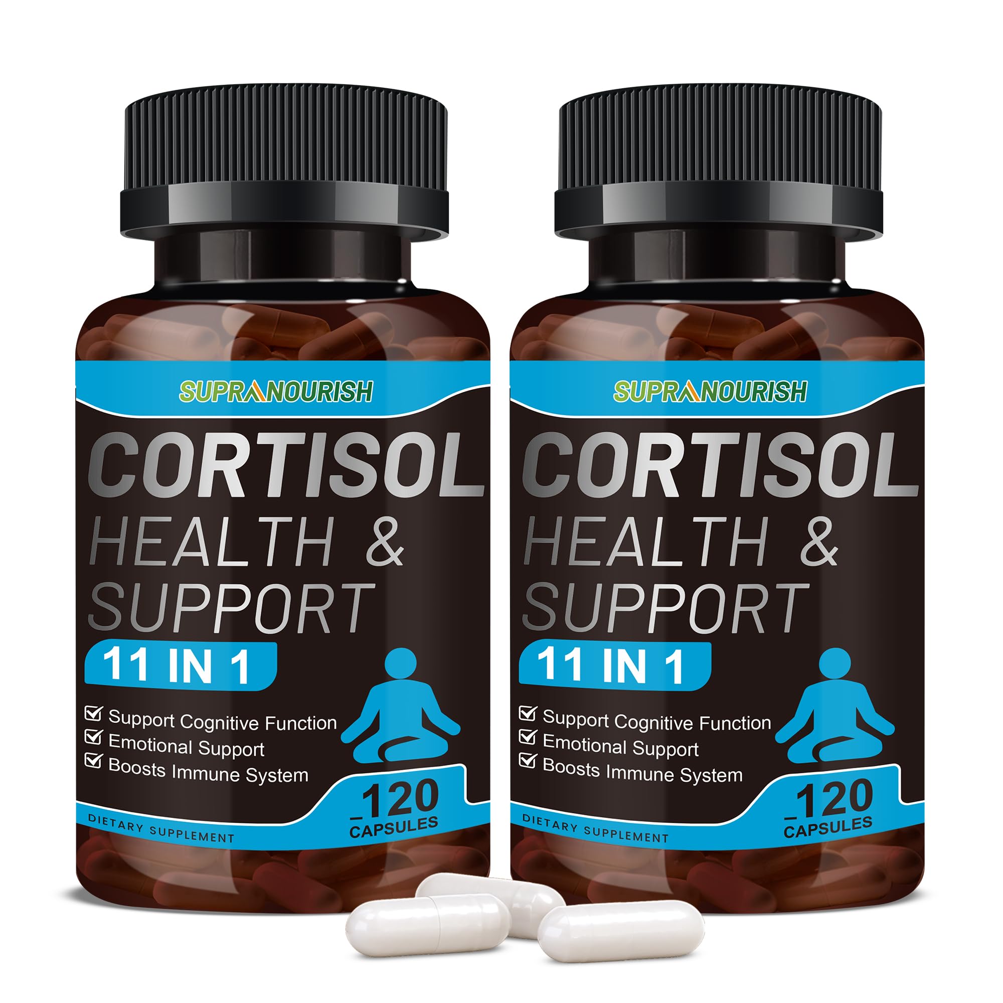 SUPRANOURISH Cortisol Manager bottle on desk supports daily balance and energy.