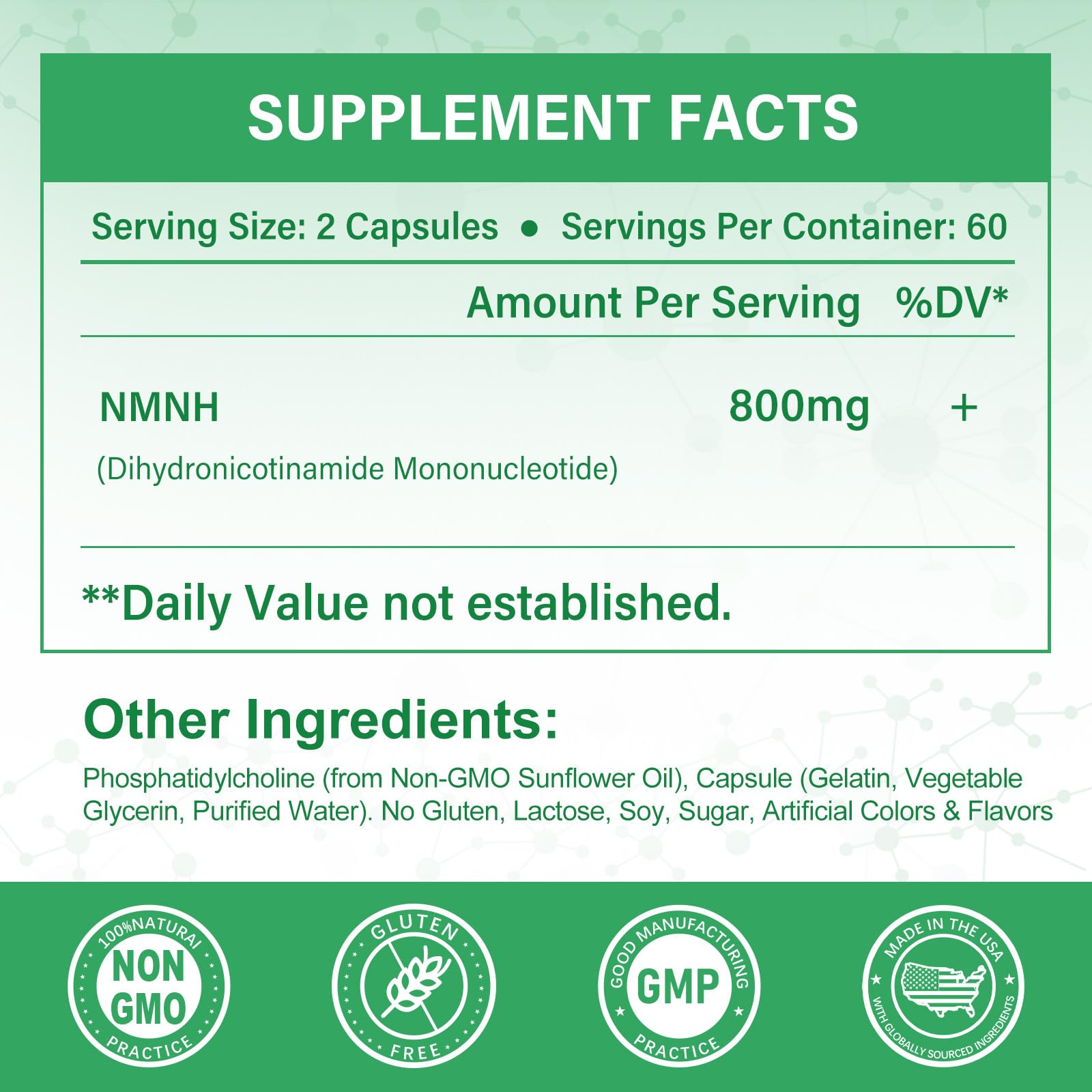 Close-up of NMNH 800 mg capsules