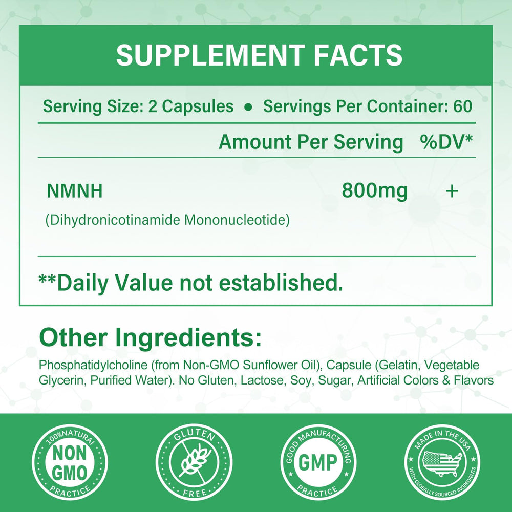 Close-up of NMNH 800 mg capsules