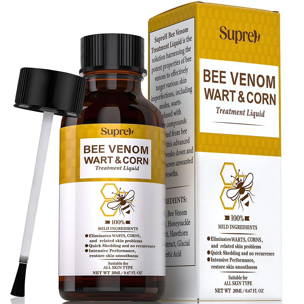 SupreH bee venom wart remover bottle provides targeted at-home treatment.
