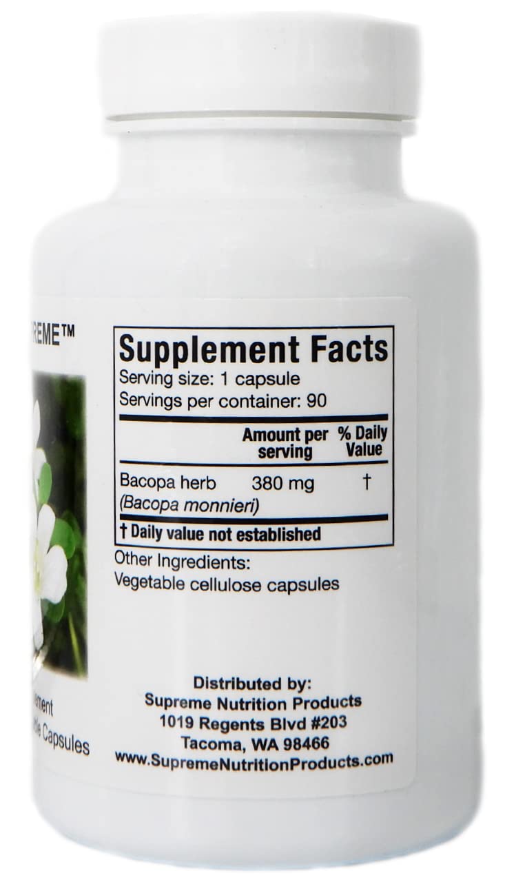 Close-up of a vegetarian Bacopa capsule by Supreme Nutrition Products highlighting purity