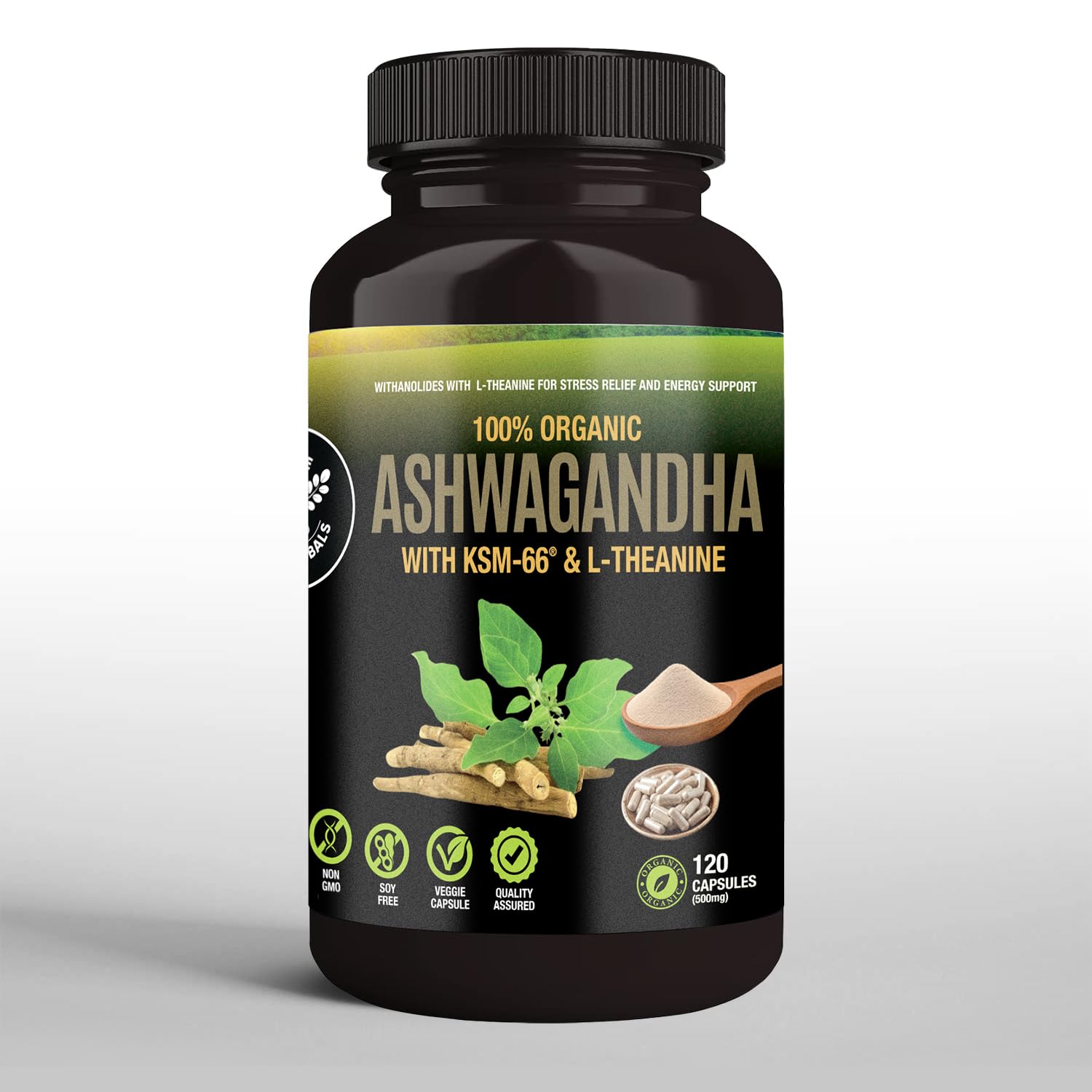 SUPREME HERBALS organic Ashwagandha root powder on spoon showing natural purity benefit