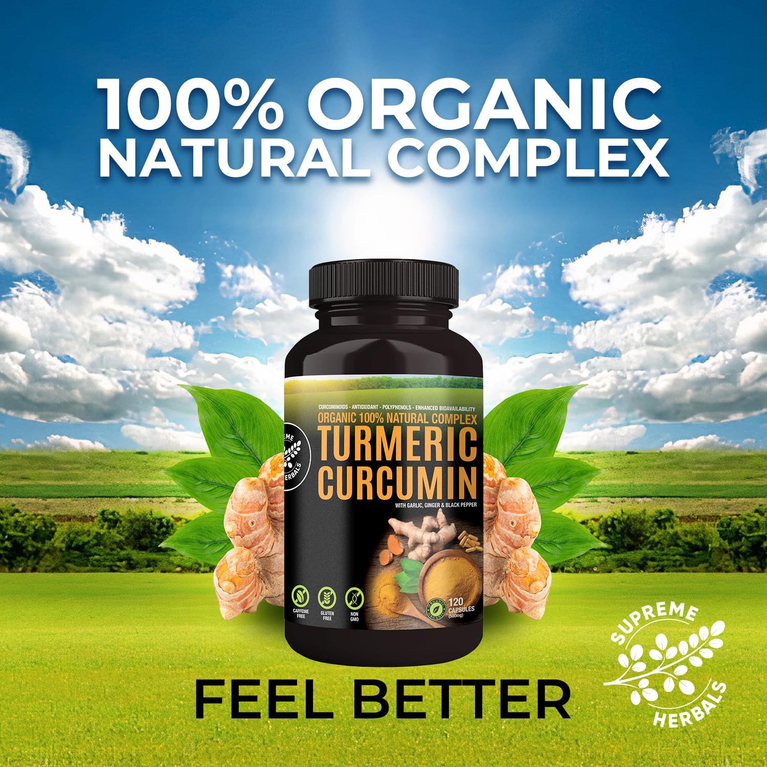 SUPREME HERBALS label close-up showing certified organic and GMP details