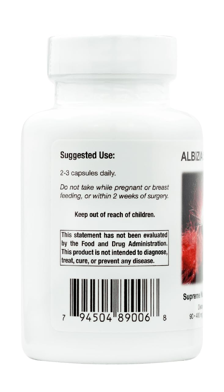 Albizia Supreme bottle label detailing 90 vegetarian capsules for daily calm routines