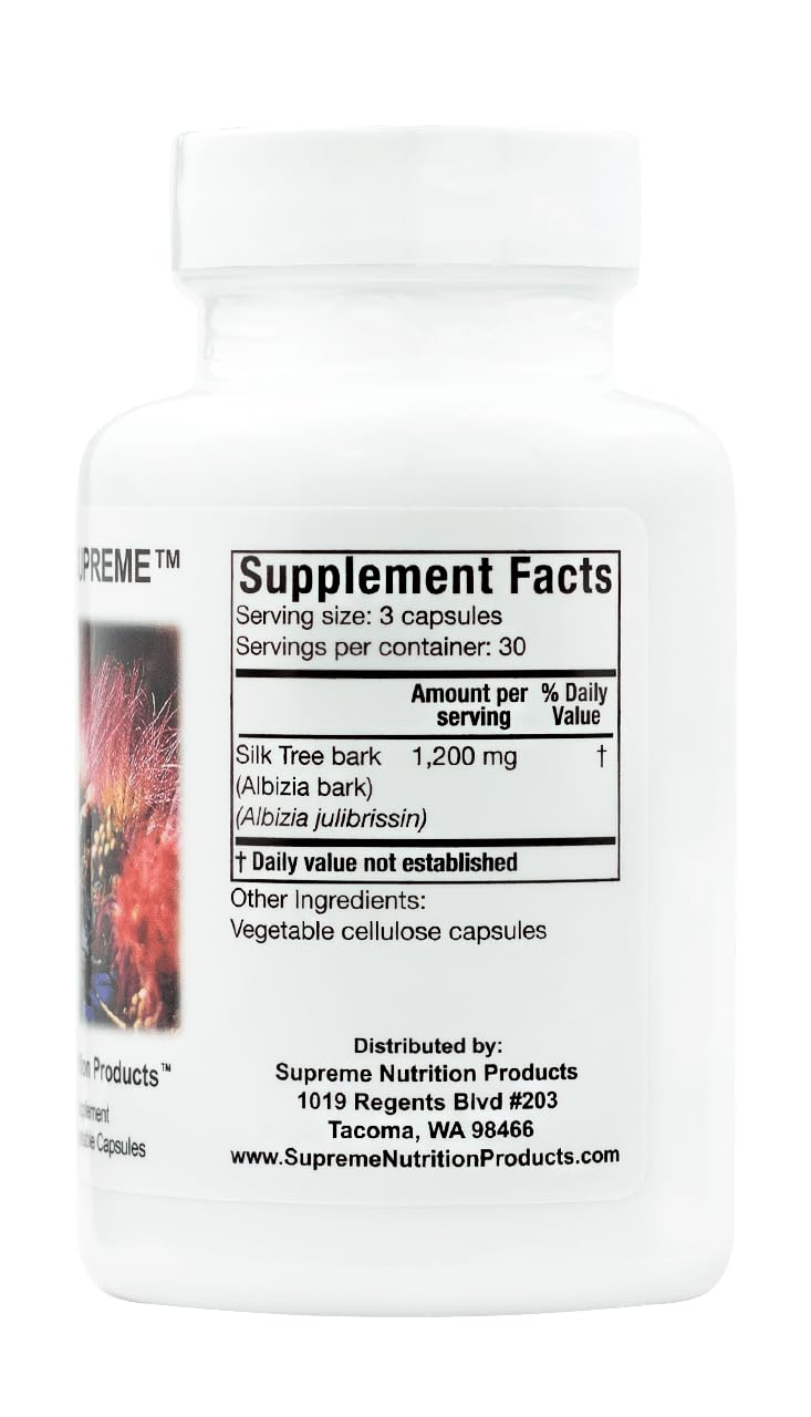 Supreme Nutrition Albizia Supreme capsules closeup highlighting pure herb formula