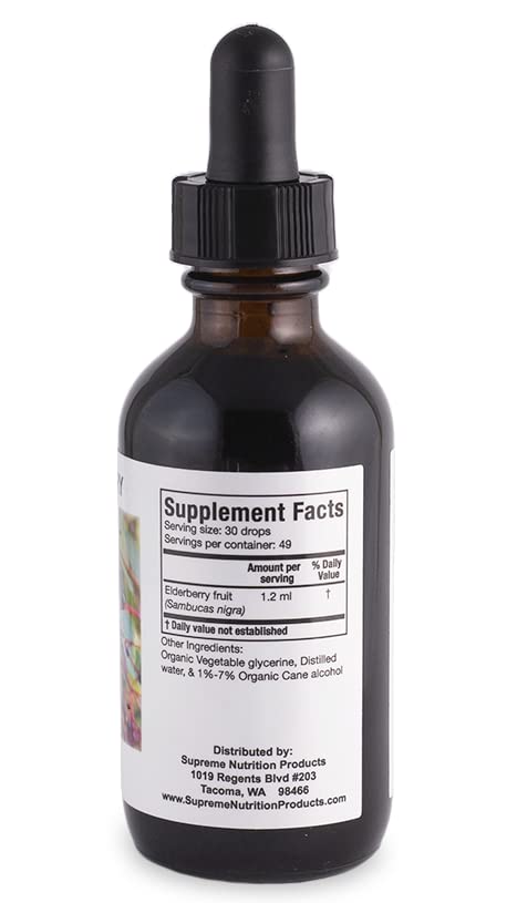 Supreme Nutrition elderberry tincture label close-up showing ingredient clarity and manufacturing details
