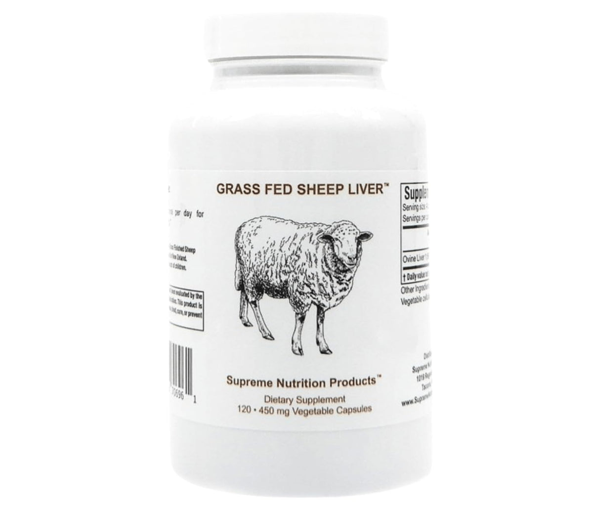 Bottle of Supreme Nutrition Grass-Fed Sheep Liver capsules with label