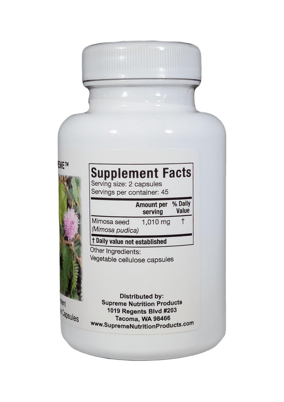 Mimosa Supreme capsules close-up highlighting pure Mimosa pudica seed.