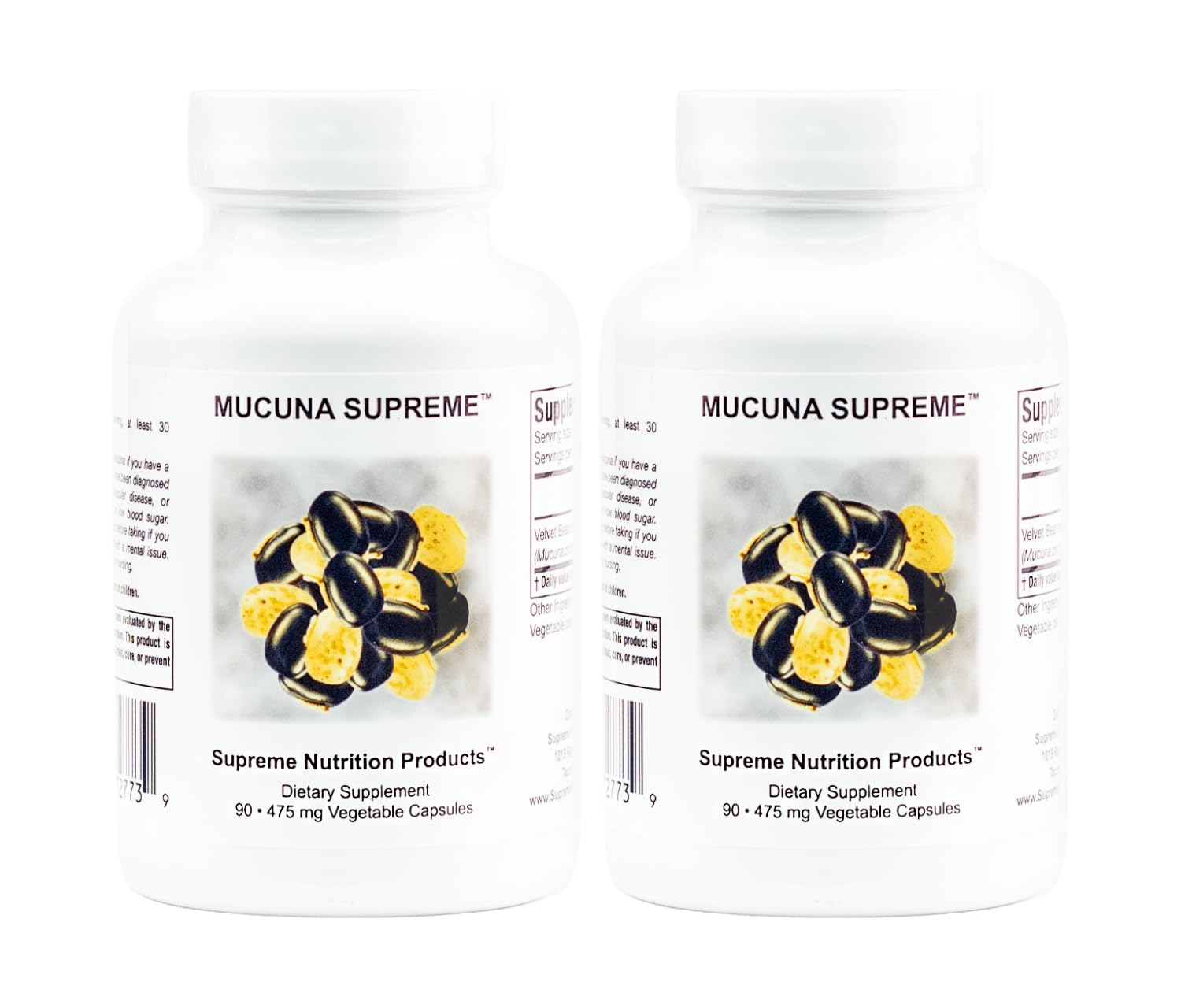 Supreme Nutrition Mucuna Supreme front packaging showing two bottles and label benefits