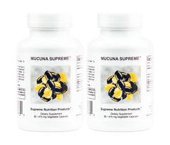 Supreme Nutrition Mucuna Supreme front packaging showing two bottles and label benefits