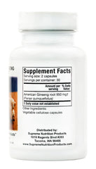 Pile of raw American ginseng root labeled Supreme Nutrition demonstrating authentic Panax quinquefolius sourcing