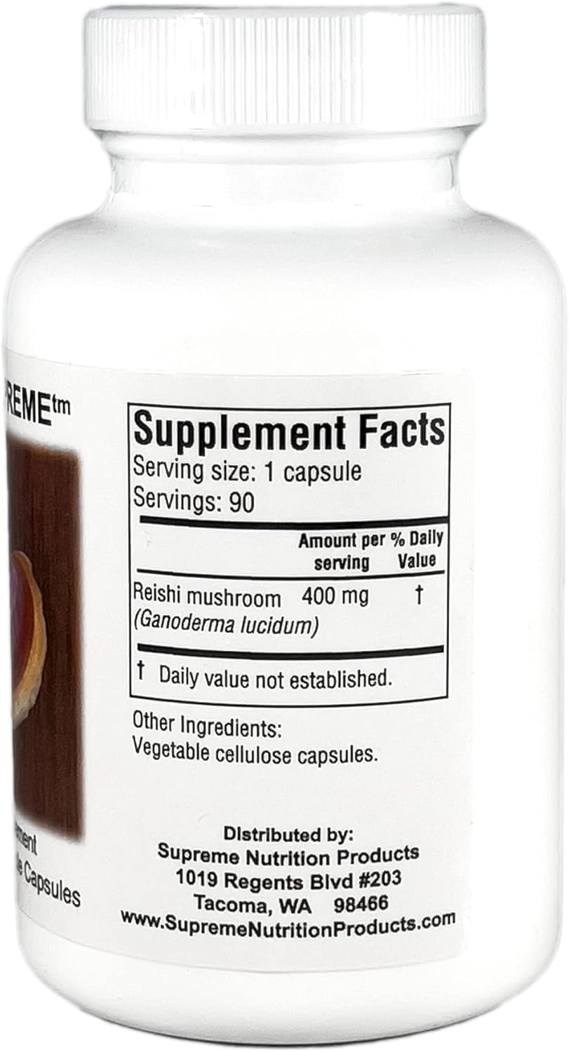 Reishi Supreme capsules close-up on label for quality