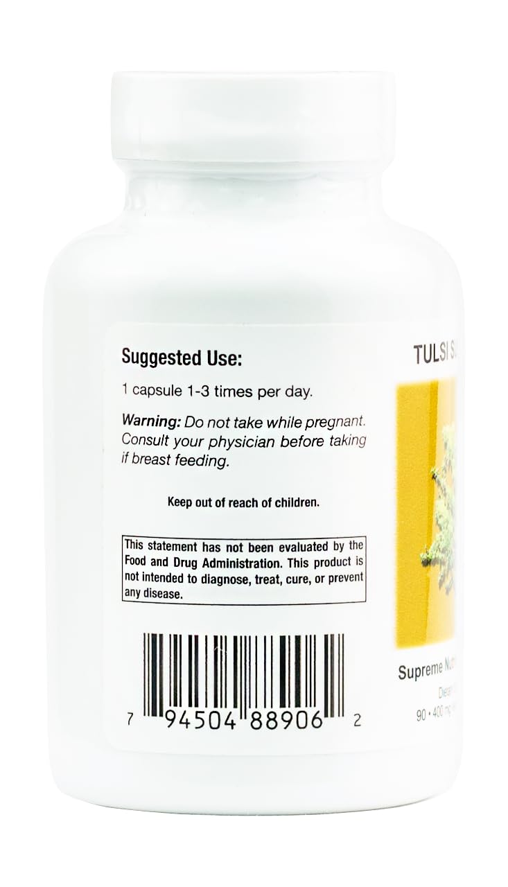 Open bottle of Supreme Nutrition Tulsi Supreme with vegetarian capsules visible and easy dosing