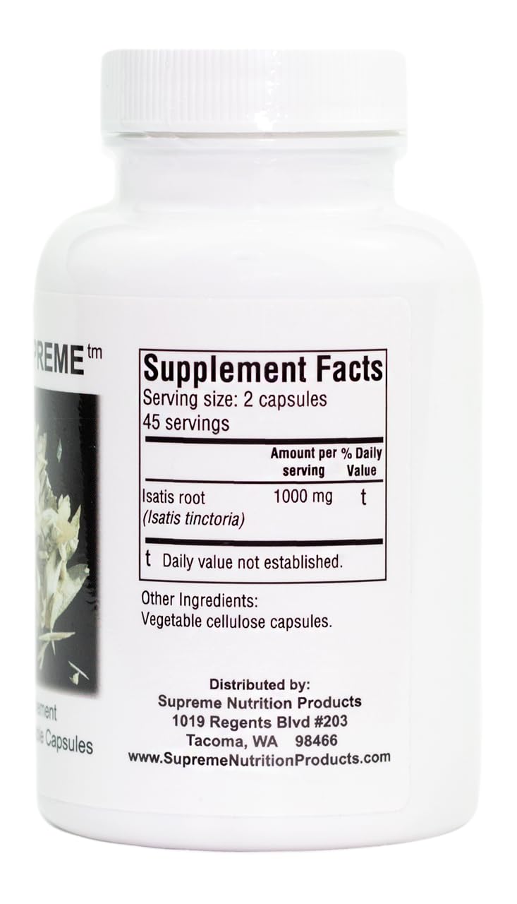 Supreme Nutrition powdered Isatis root texture displayed, emphasizing pure herb content