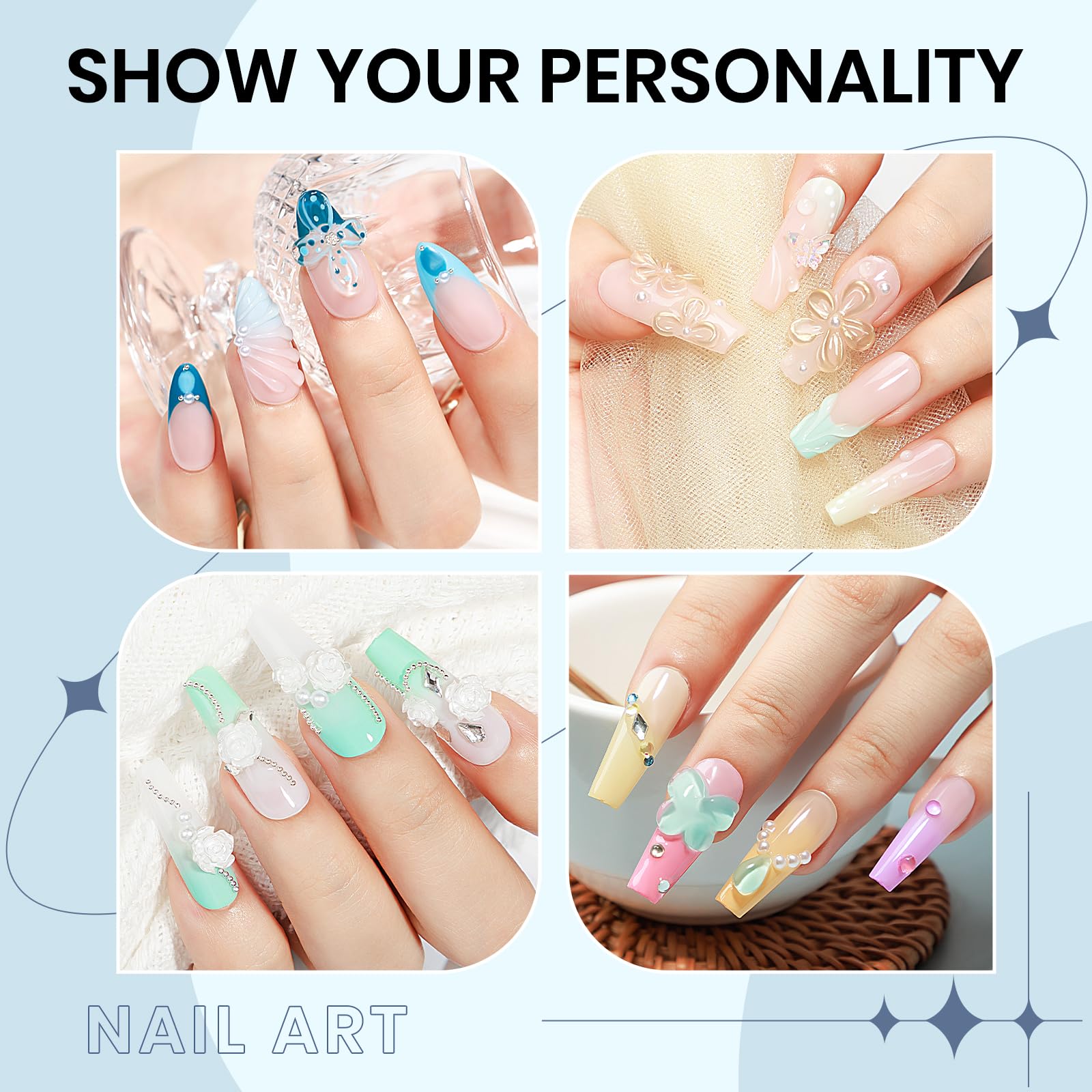 SUPWEE Nail-art setup with chrome powder and sequins for shimmering designs.