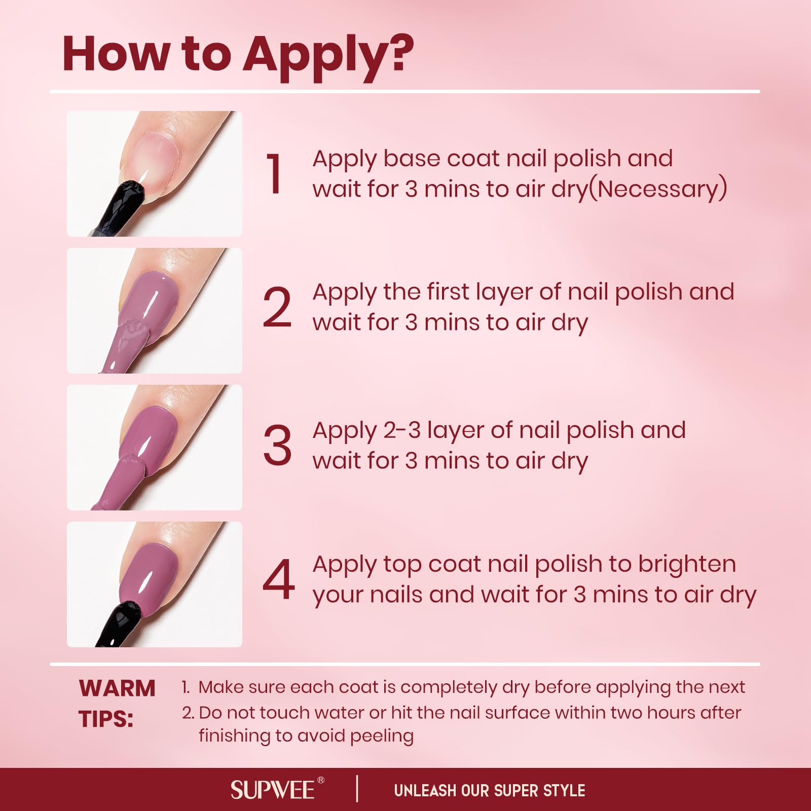 SUPWEE Nude Nail Polish Set quick-dry feature illustrated for time-saving manicure.