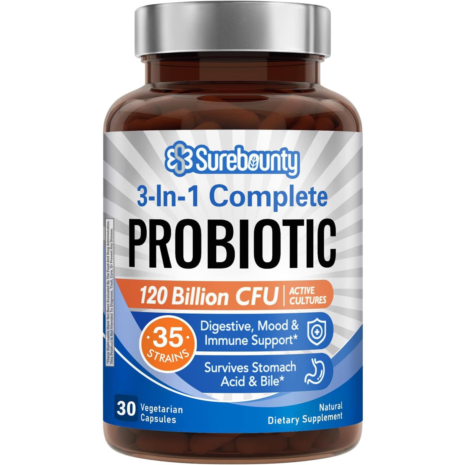 Surebounty Probiotics bottle label showing 120B CFU and 35 strains