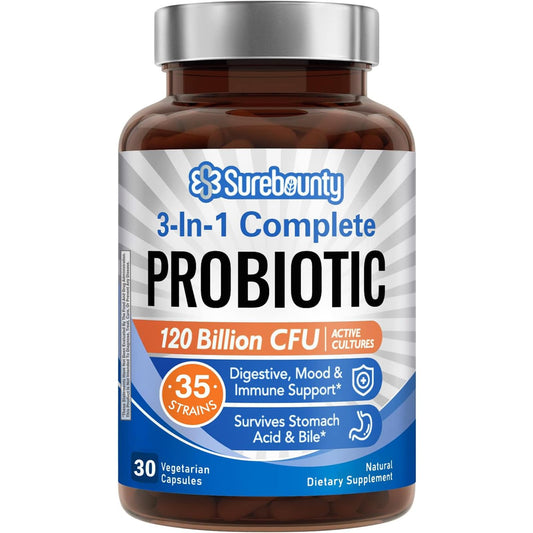 Surebounty Probiotics bottle label showing 120B CFU and 35 strains