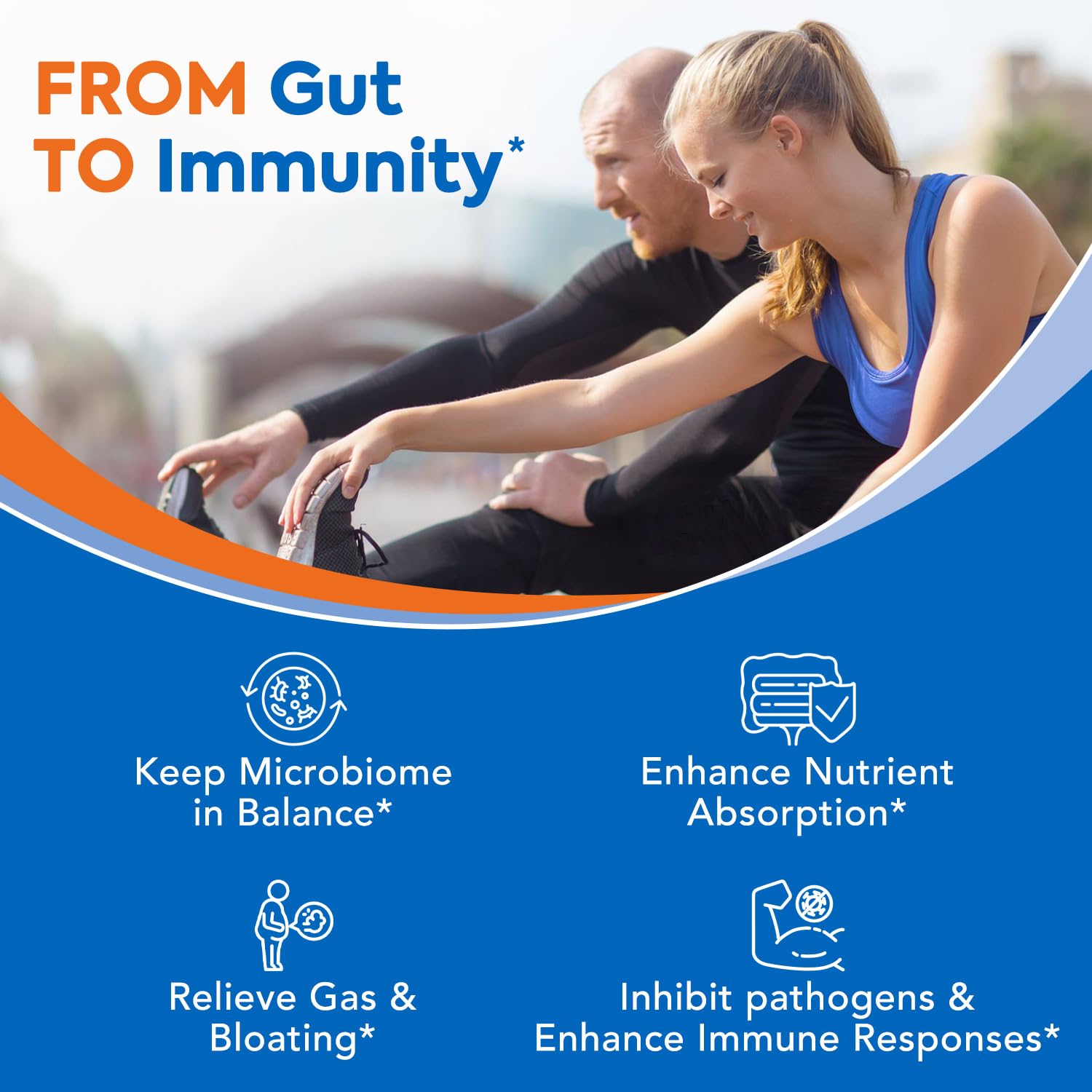 Illustration of the 3-in-1 formula: probiotics, prebiotics, and enzymes