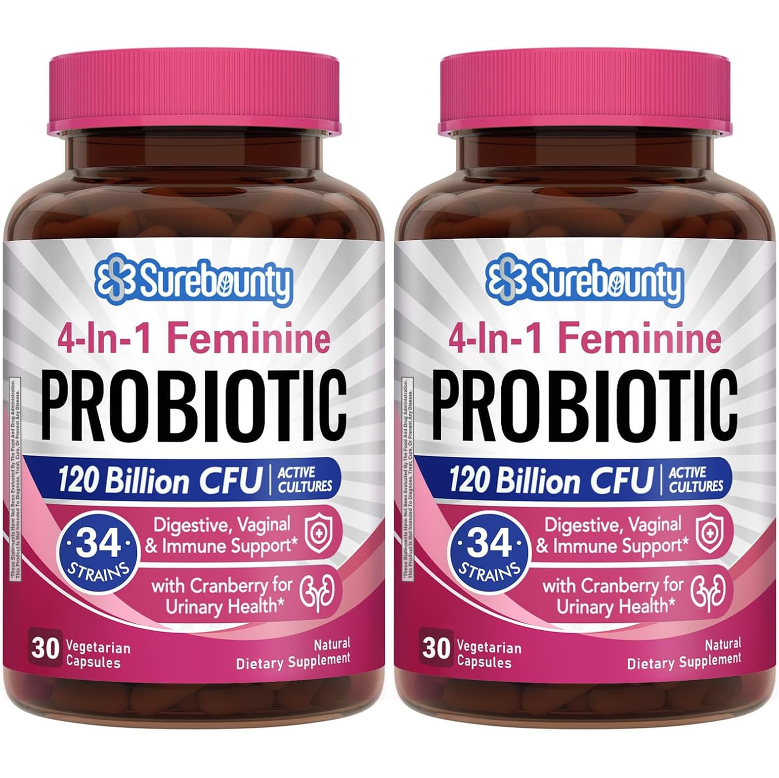 Bottle of Surebounty Probiotics for Women showing 120B CFU and 34 strains