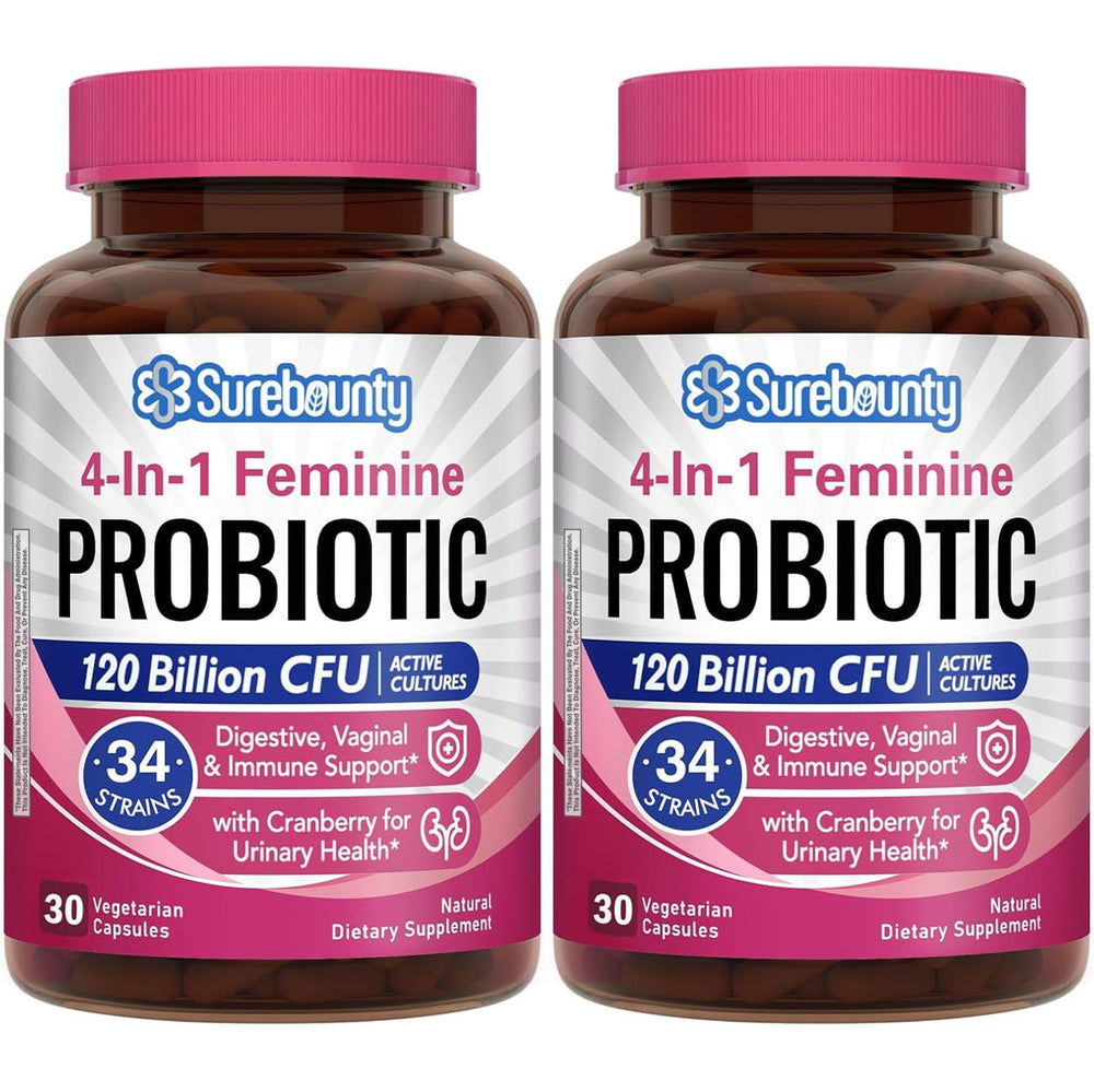 Bottle of Surebounty Probiotics for Women showing 120B CFU and 34 strains