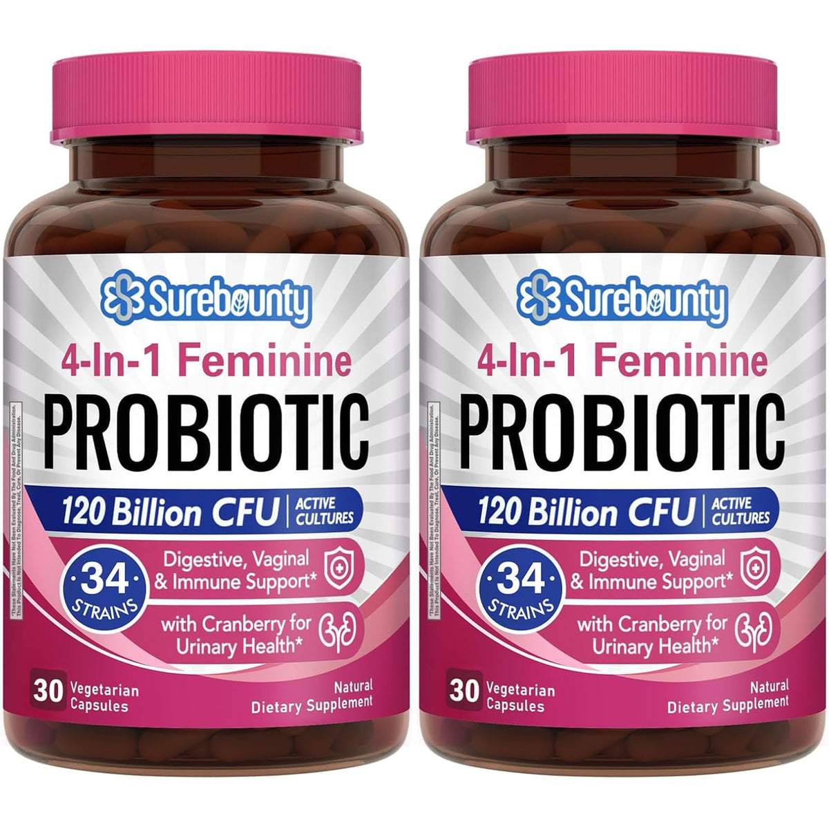Bottle of Surebounty Probiotics for Women showing 120B CFU and 34 strains