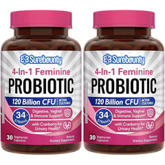 Bottle of Surebounty Probiotics for Women showing 120B CFU and 34 strains