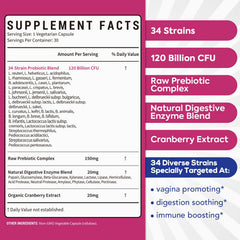 Graphic illustrating 34 probiotic strains and 120B CFU in Surebounty