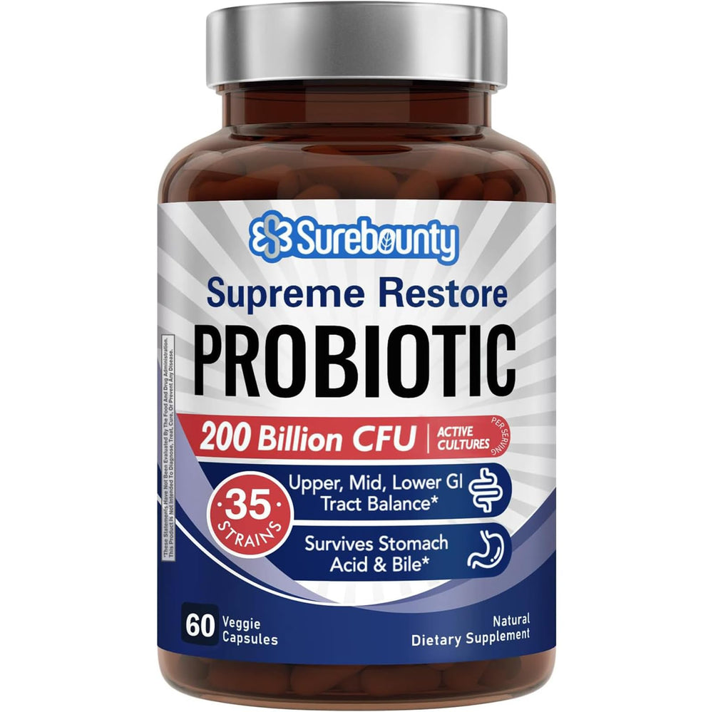 Surebounty Supreme Restore Probiotic bottle label showing 200B CFU and 35 strains