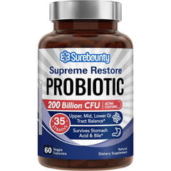 Surebounty Supreme Restore Probiotic bottle label showing 200B CFU and 35 strains