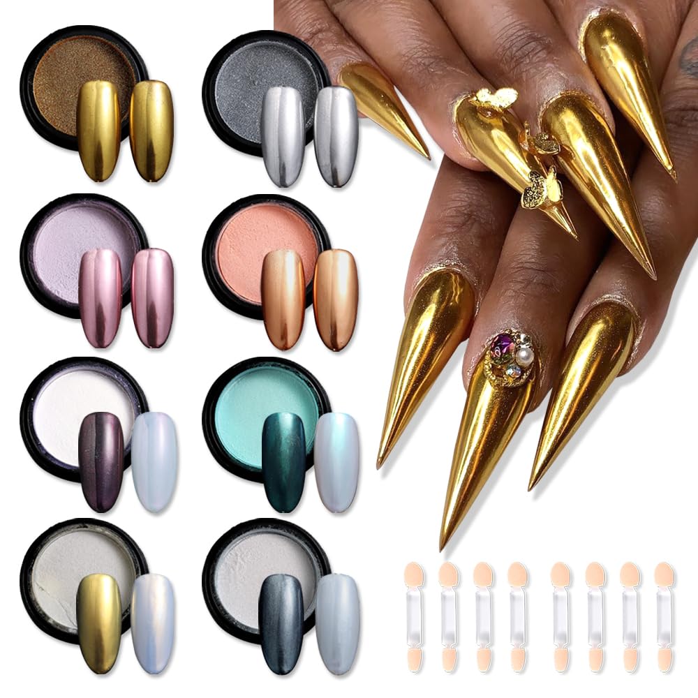 SUTOKAKA chrome nail powder kit eight jars showing two finishes for gel nails