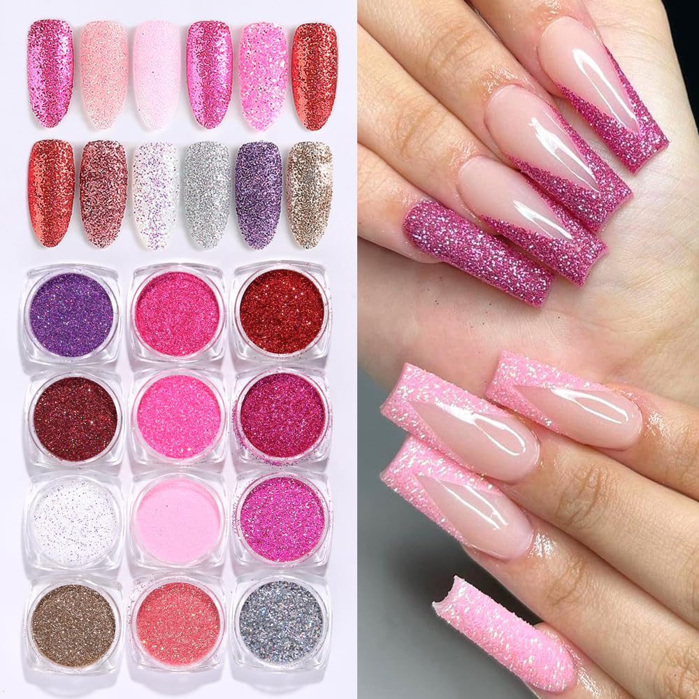 SUTOKAKA 12-color iridescent glitter powder for dazzling nail art.
