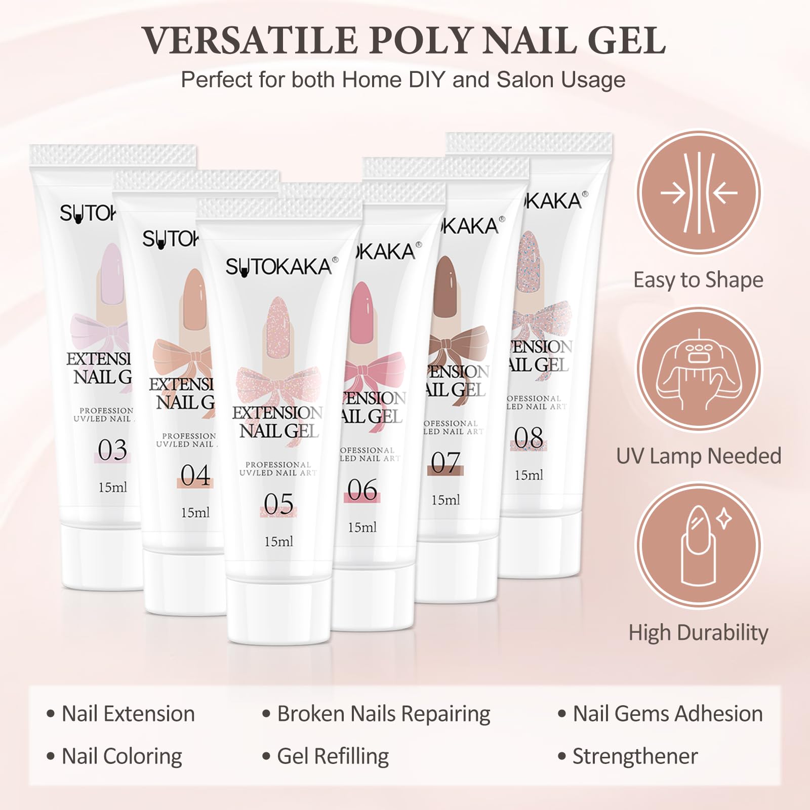SUTOKAKA poly nail gel kit prep-base-coat tips for superior adhesion.