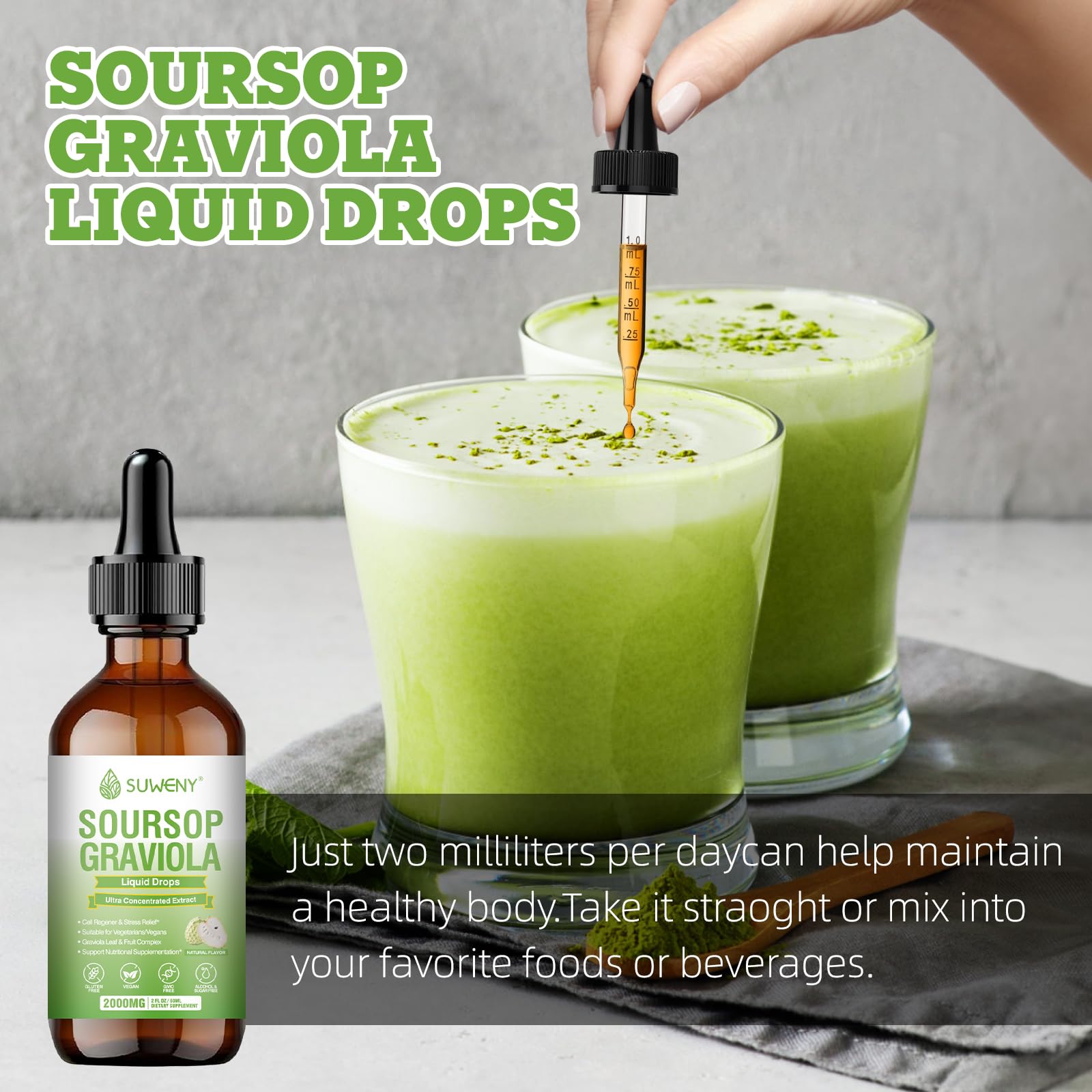Soursop Graviola Liquid Drops 2000mg ingredients panel