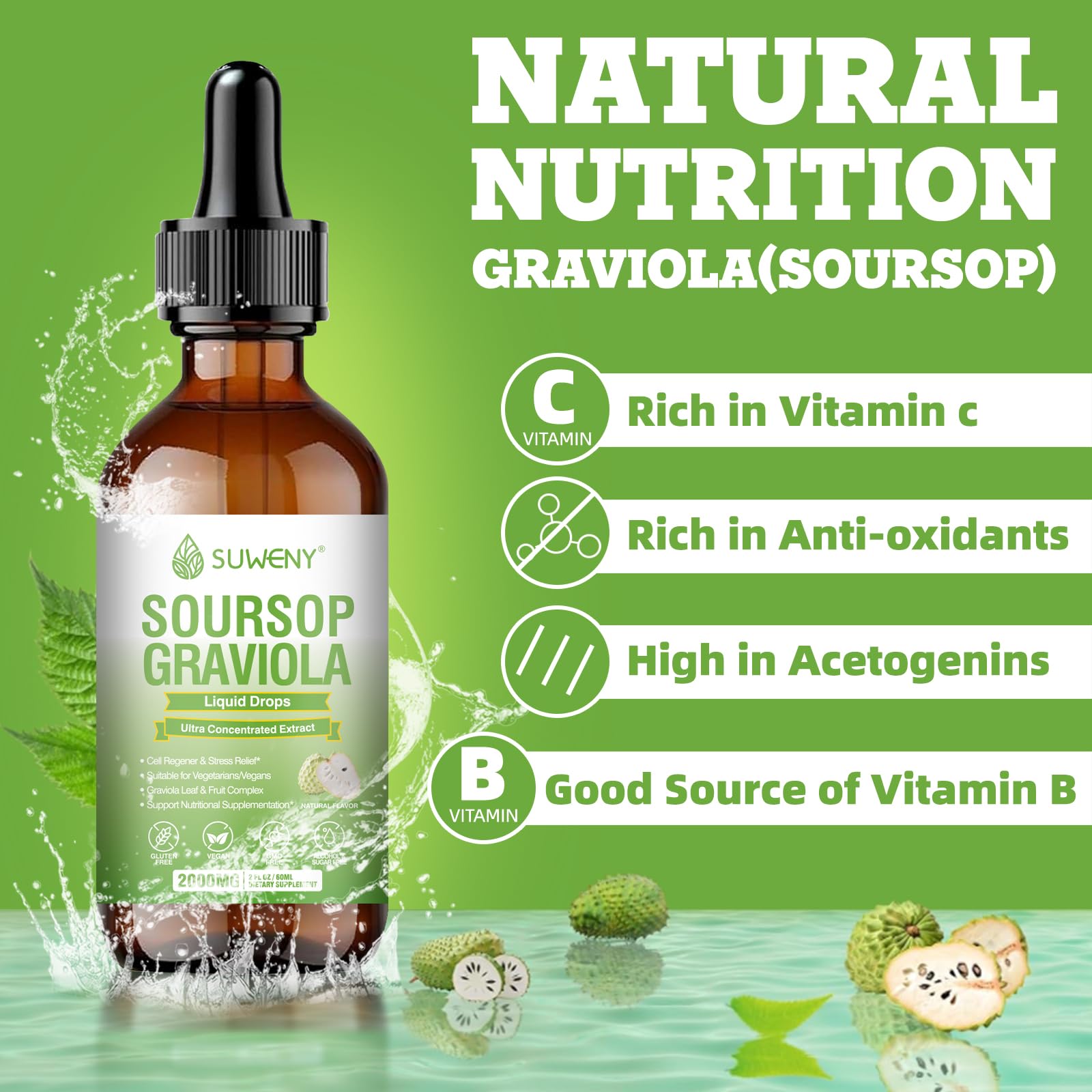 Glass bottle with SUWENY Soursop Drops on white background