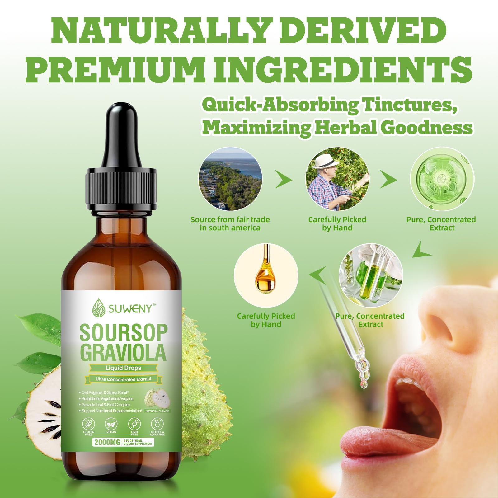 Vegan-friendly, non-GMO label for SUWENY Soursop Drops