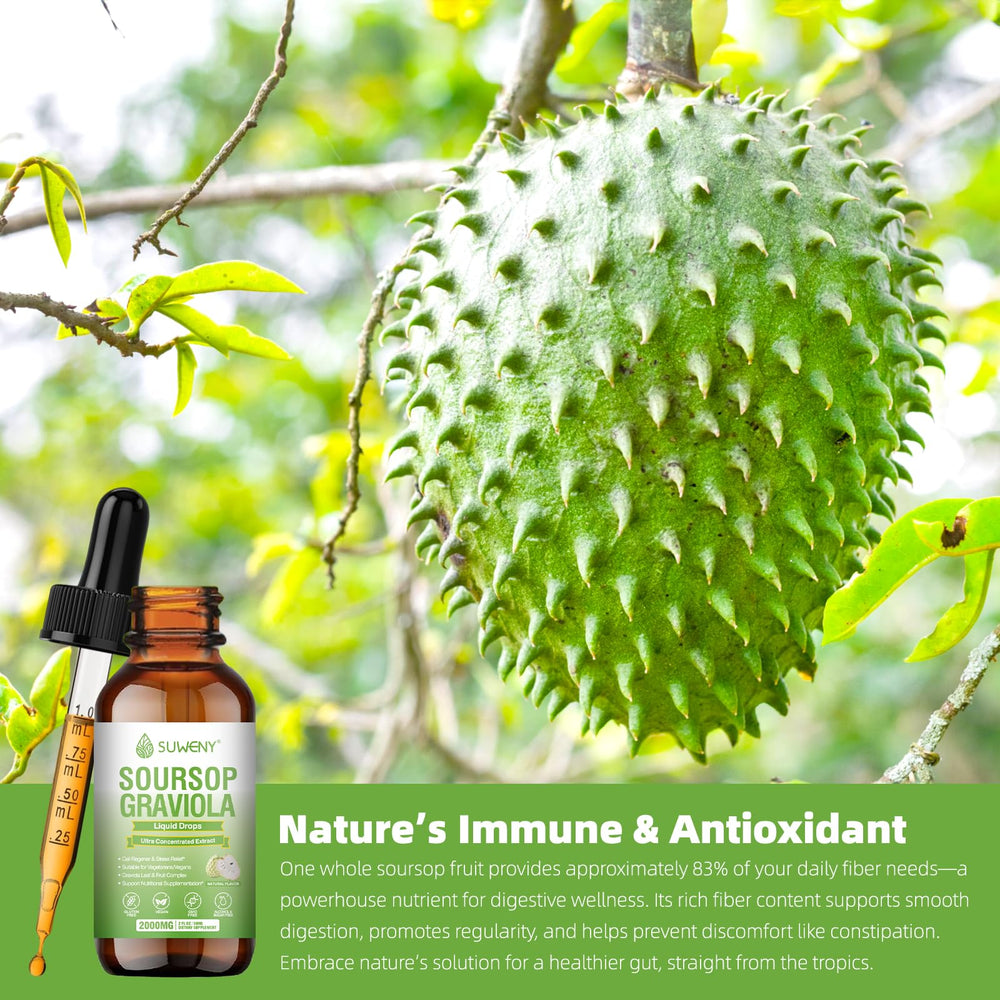 Natural flavor and 30-day supply imagery for SUWENY Soursop Drops