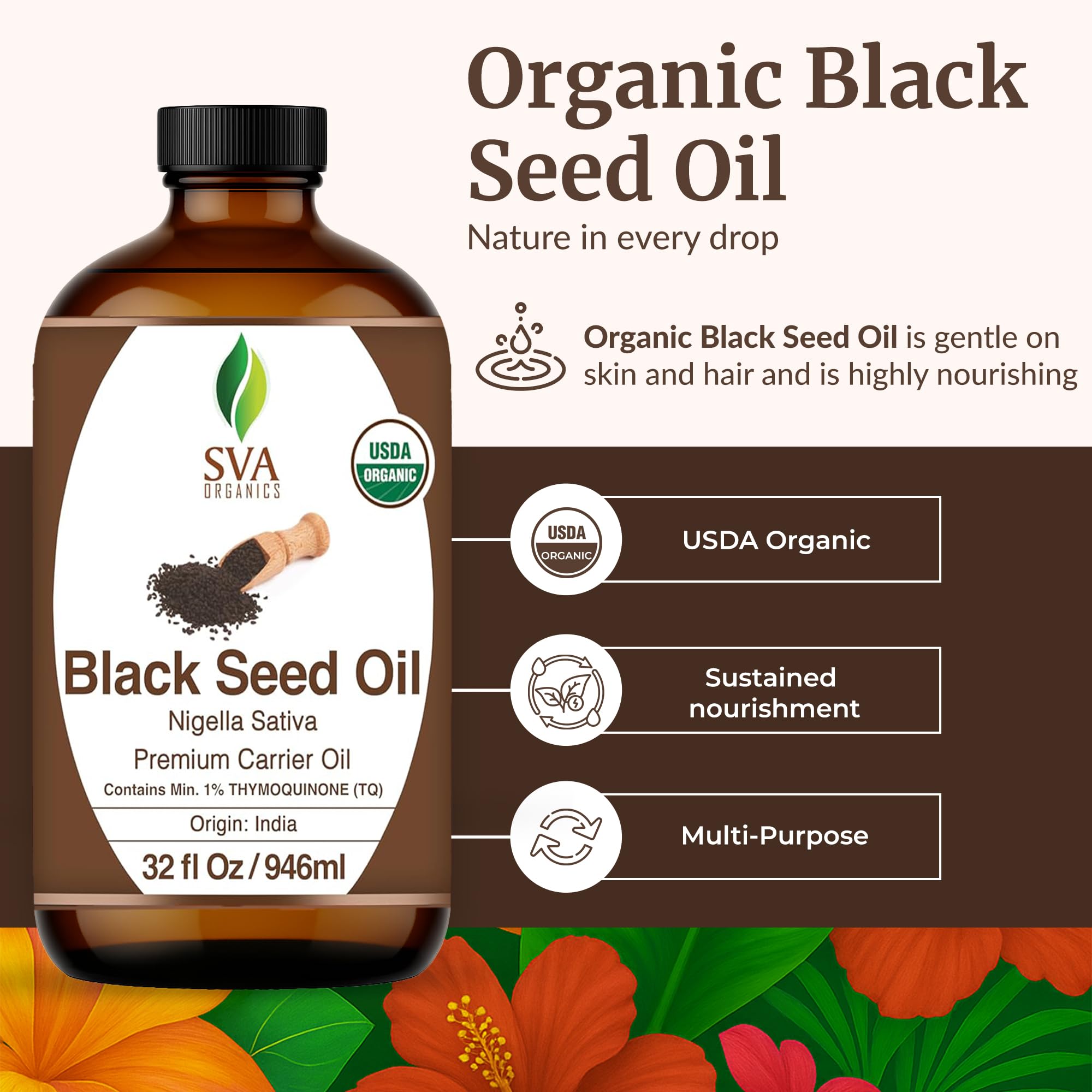 Close-up of SVA Black Seed Oil organic bottle
