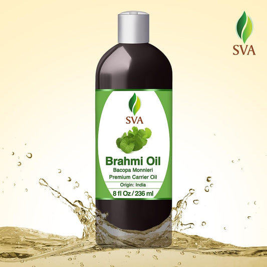 Close-up of Brahmi oil bottle and pump