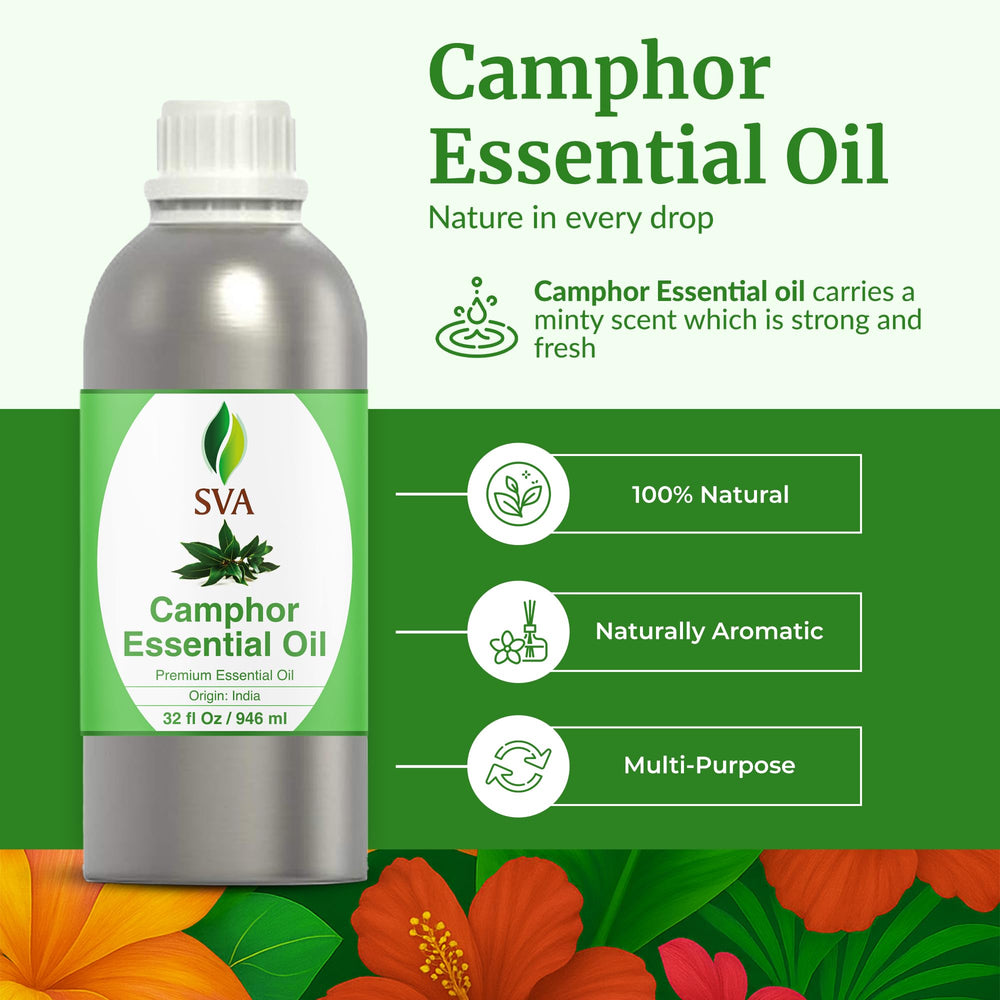 Close-up of SVA Camphor Essential Oil bottle