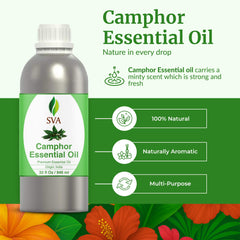 Close-up of SVA Camphor Essential Oil bottle