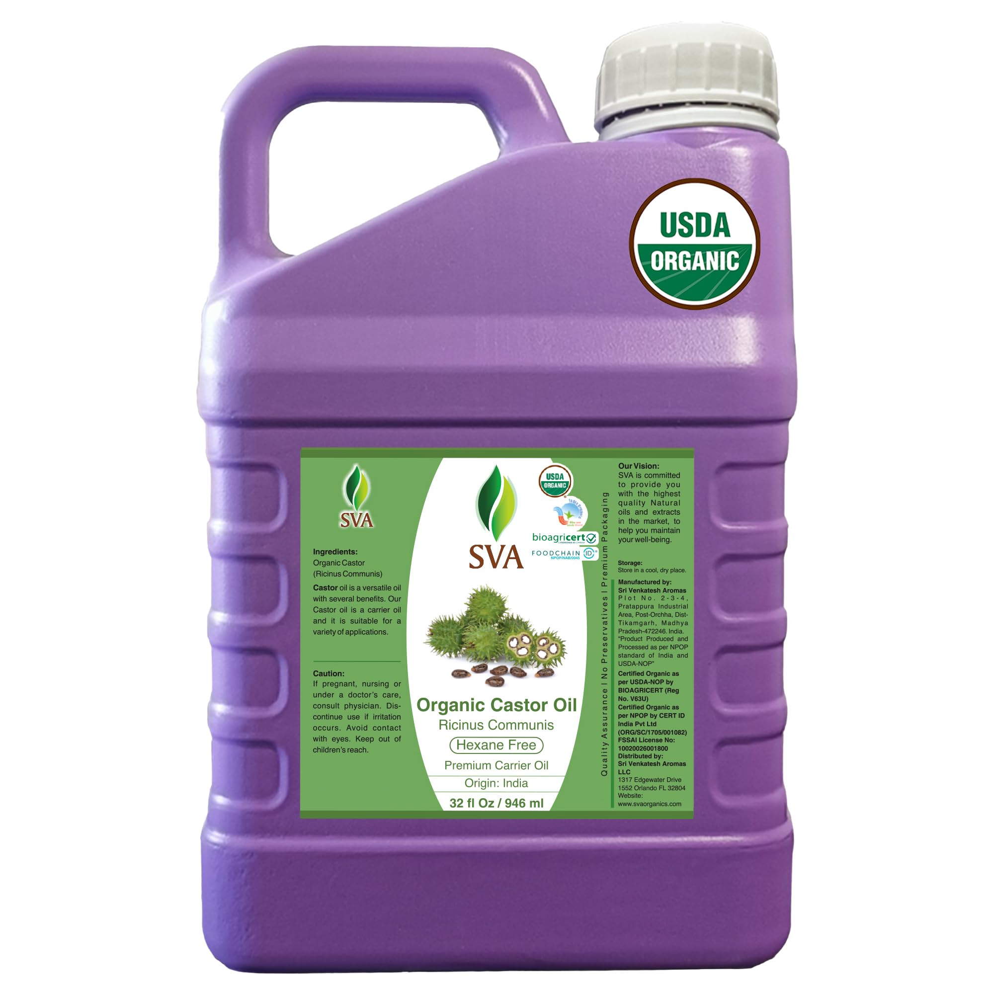 Front view of SVA Castor Seed Oi Organic Castor Oil bottle 32 oz